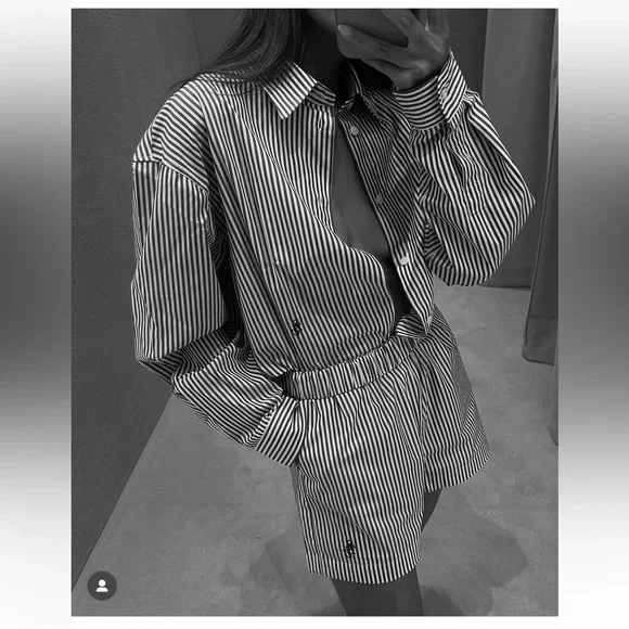 Sporty and Rich striped blue button up shirt and shorts, size small - Picture 1 of 2